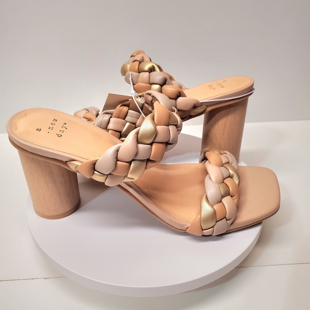 A New Day Basil Slip On Mule Sandals 3" Heel Nude Tan Gold